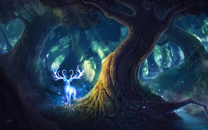 Magical glowing deer in a dark fantasy forest