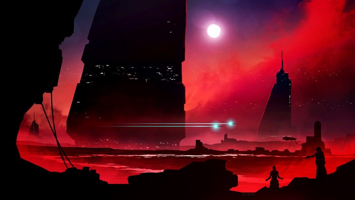 Sci-fi city landscape with red sky and moon
