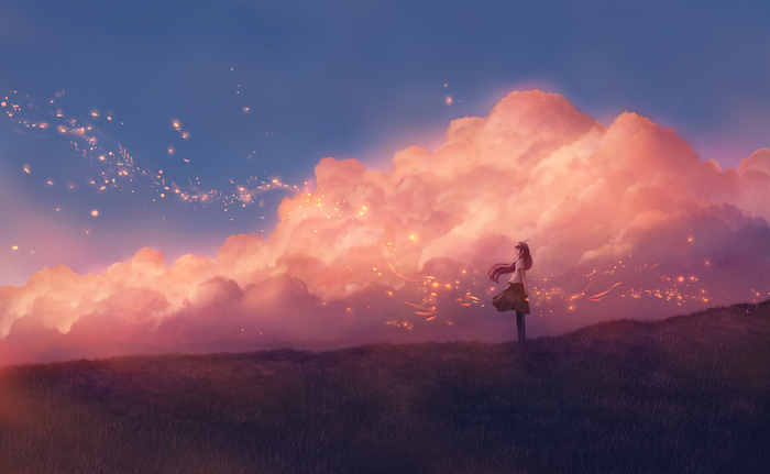 Anime girl in a field with glowing particles and clouds