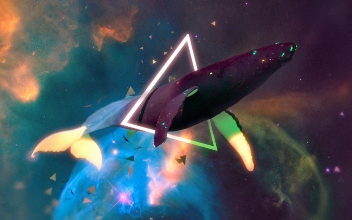 Whale swimming through space with geometric shapes
