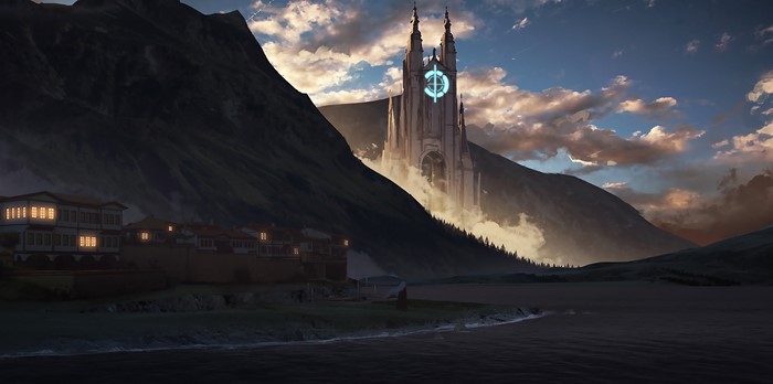 Castle on a Mountain by a Lake