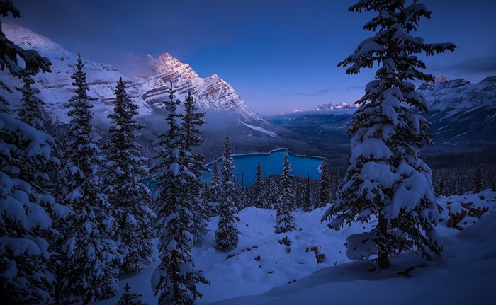 Snowy Banff National Park with Lake and Mountains