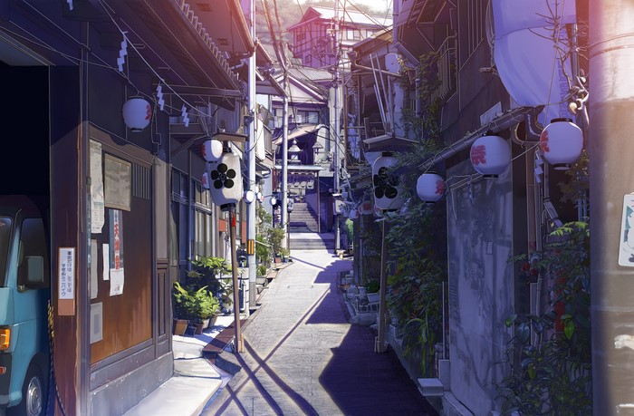 Alley with traditional Japanese houses and lanterns