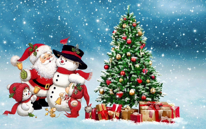 Santa and Snowmen with Christmas Tree and Gifts