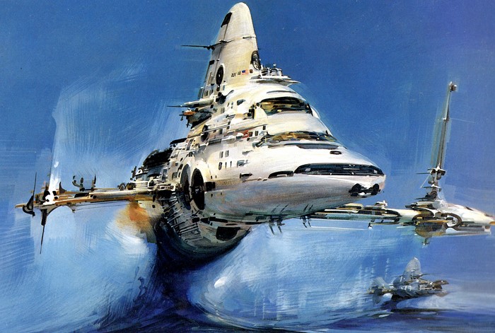 Sci-Fi Spaceship in Blue Sky