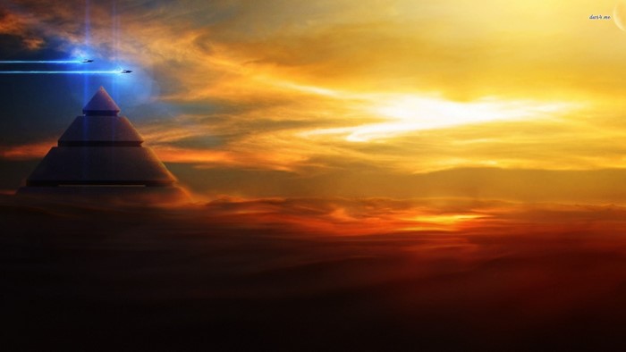 Fantasy pyramid with spaceships at sunset