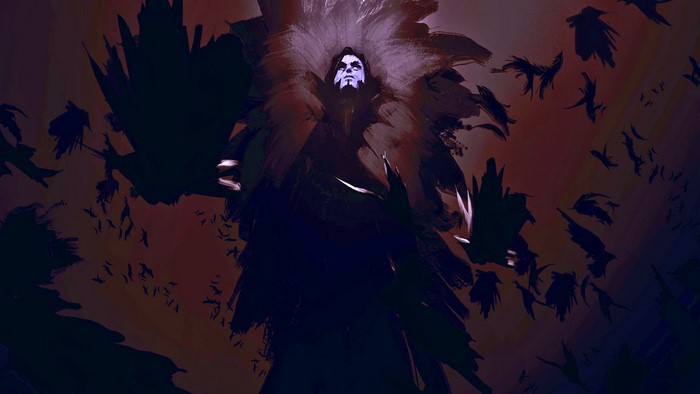King Raven surrounded by a flock of birds
