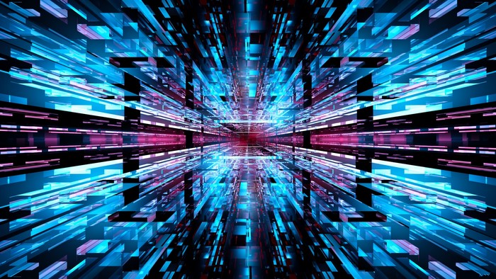 Abstract geometric tunnel with blue and pink lights