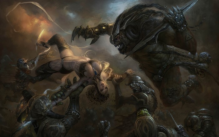 Fantasy battle with a woman and monsters