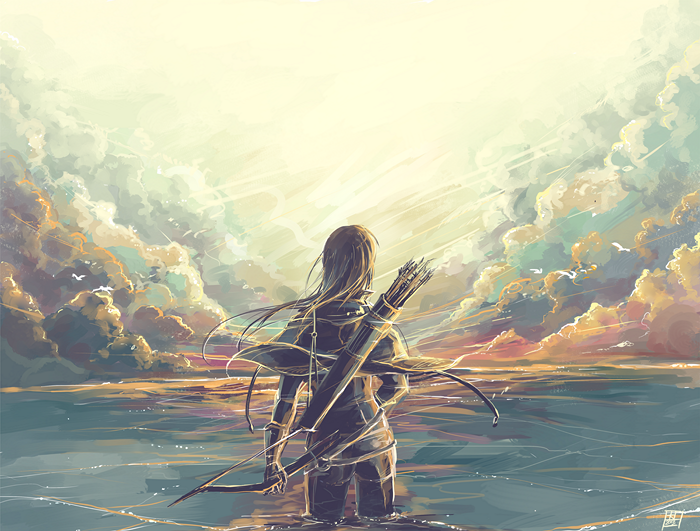 Fantasy Woman Warrior with Bow and Arrows in Water