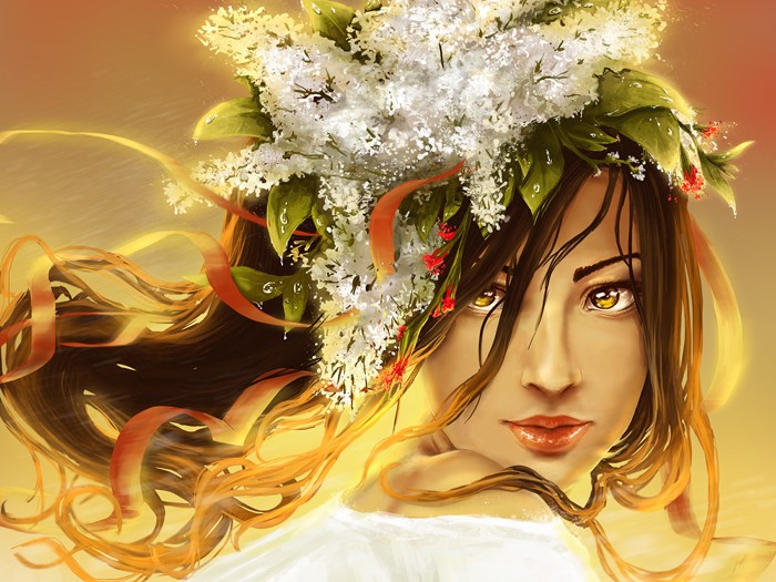 Woman with flower crown and flowing hair