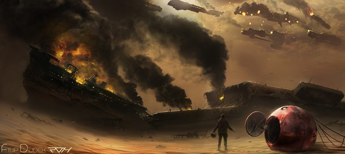 Sci-Fi Battle with Burning Ships and Spacecraft