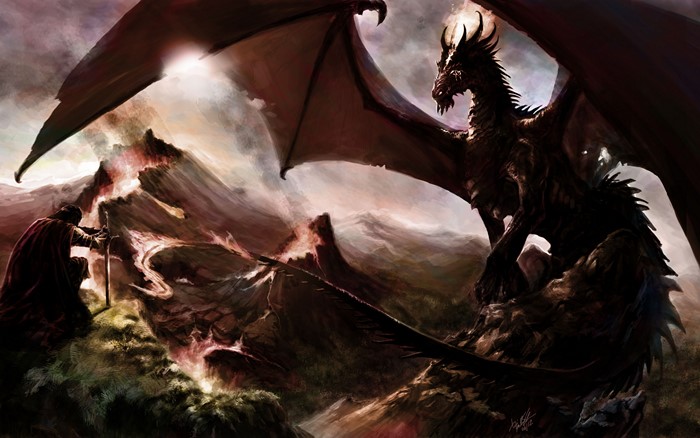 Fantasy Dragon and Knight in Mountains