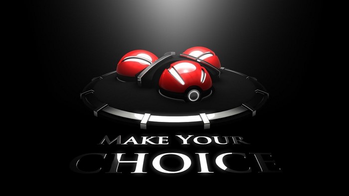 Three Pokeballs on a platform with text