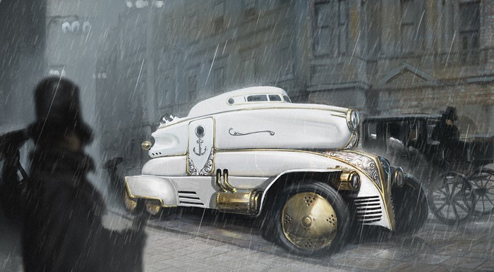 Steampunk car in the rain with a carriage