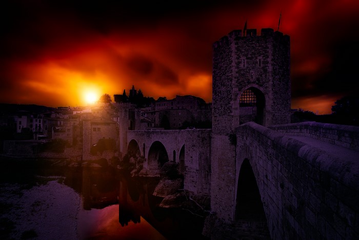 Besalú Bridge and Castle at Sunset, Catalonia, Spain