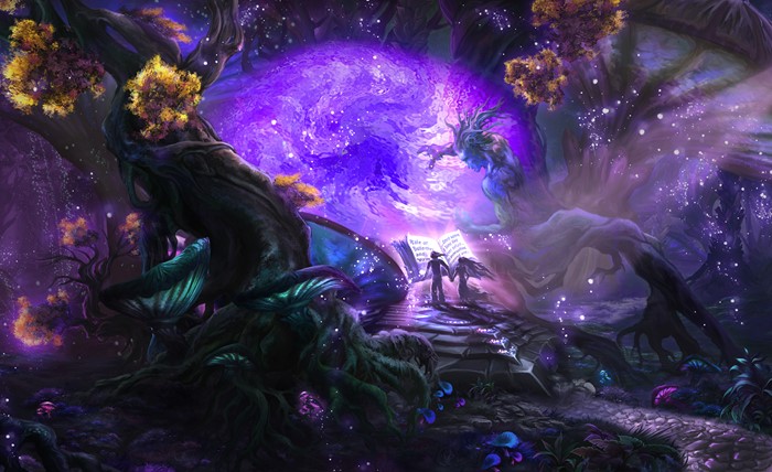 Fantasy forest with a purple portal and two figures