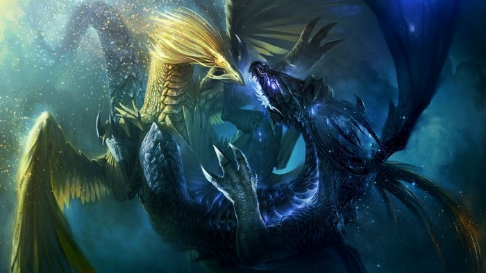 Two dragons fighting, one gold and one dark blue