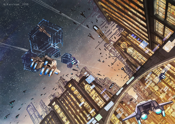 Sci-fi city with spaceships and space station
