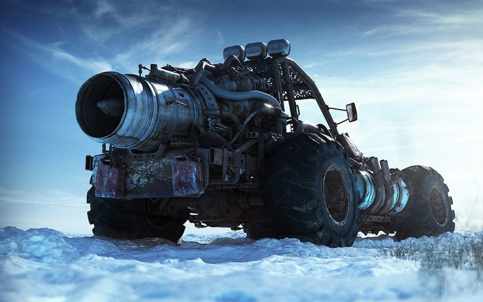 Custom vehicle with jet engine in snowy landscape