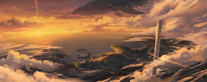 Giant whale-like airship over a coastal city at sunset