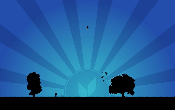 Silhouette of trees and a person against a blue sunburst