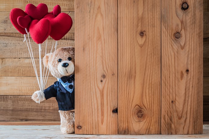 Teddy bear with heart balloons behind wooden planks
