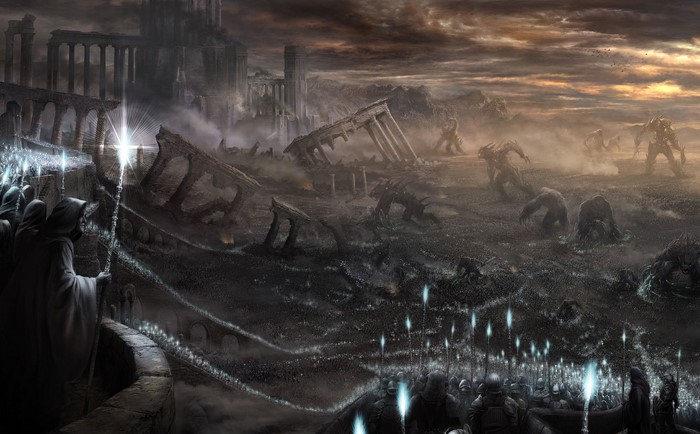 Fantasy War Scene with Armies and Monsters