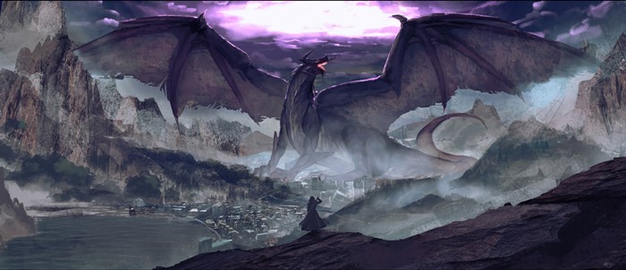 Dragon over a fantasy city