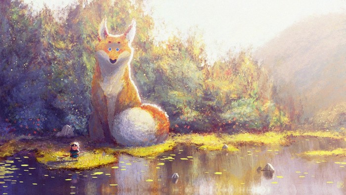 Giant Fox and Child by a Lake