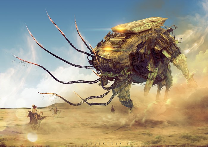 Giant mechanical creature in a desert with cowboys
