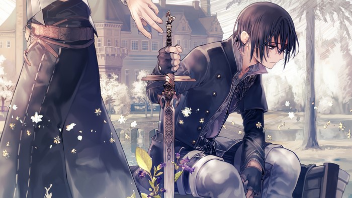 Anime characters with a sword in front of a castle