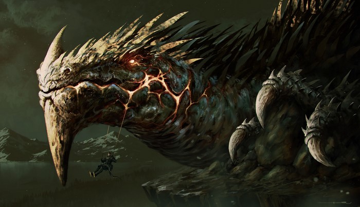 A colossal dragon with glowing cracks and a small human figure