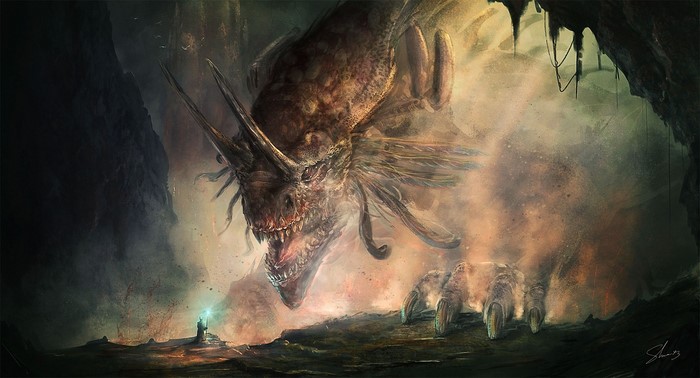 Dragon in a cave with a wizard