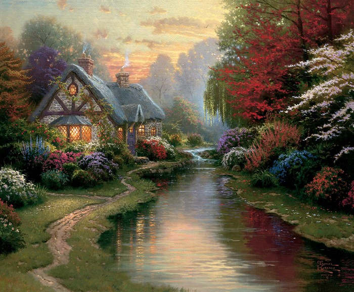 Artistic Colorful Cottage Painting by the River