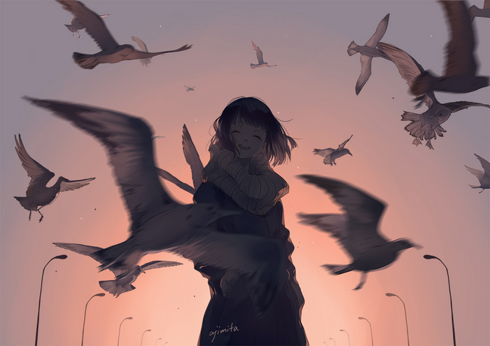 Anime girl surrounded by seagulls at sunset