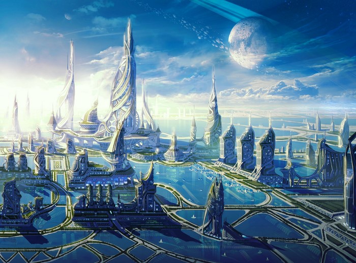 Futuristic Cityscape with Planet and Rings