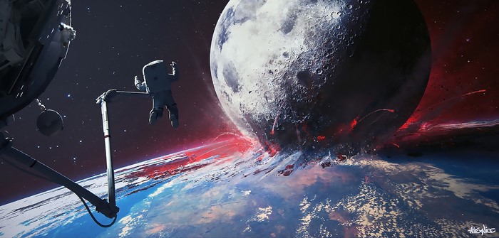 Astronaut watches Moon collide with Earth