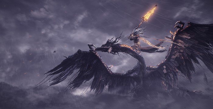 Nameless King riding Stormdrake from Dark Souls III