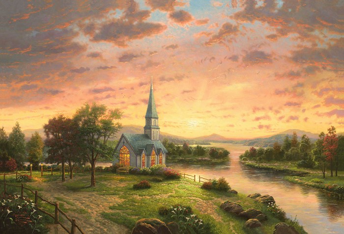 Chapel by a river at sunset painting