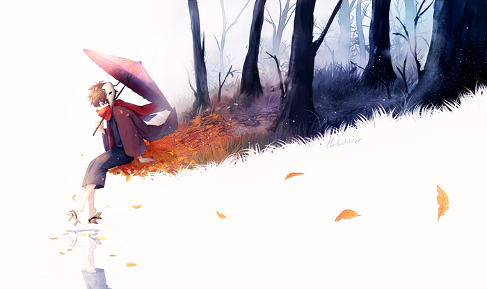 Person with mask and umbrella in autumn forest