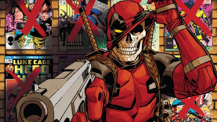 Deadpool from Marvel Comics holding a gun
