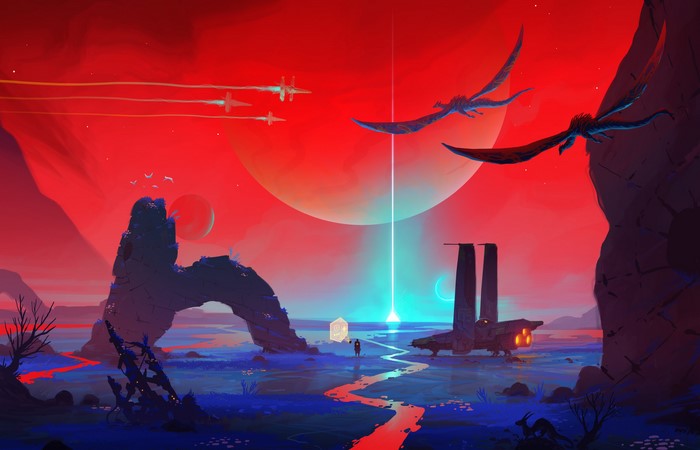 Alien planet landscape with flying creatures and spaceships