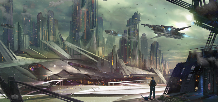 Futuristic city with skyscrapers and spaceships