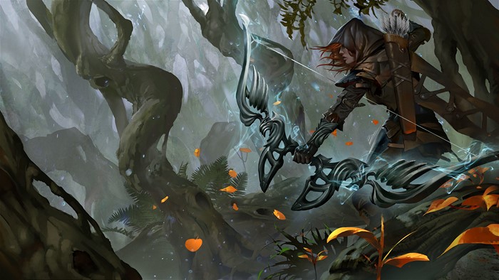 Archer with magical bow in a misty forest