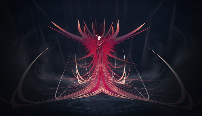 Fantasy creature with red wings and mask