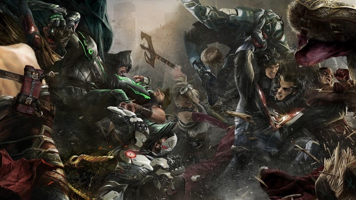 Injustice 2: Batman, Cyborg, Flash, Superman, and others in battle