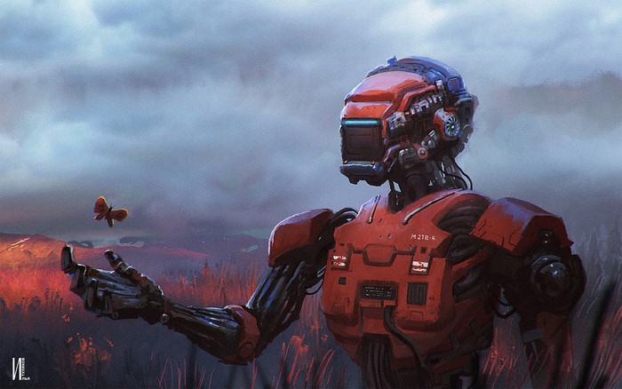 Robot with a butterfly in a field