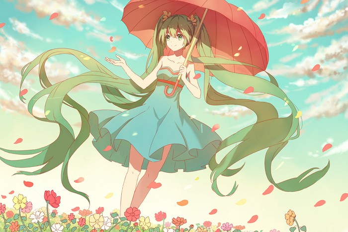 Hatsune Miku with Umbrella in Flower Field