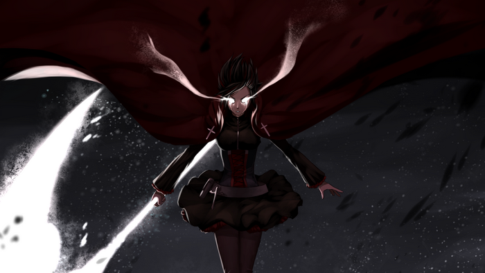Ruby Rose from RWBY with glowing eyes and a cape